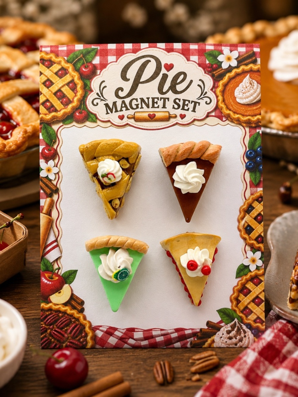 Pie Magnet Set | Dessert Refrigerator Magnets – Pumpkin, Cherry, Apple, Key Lime